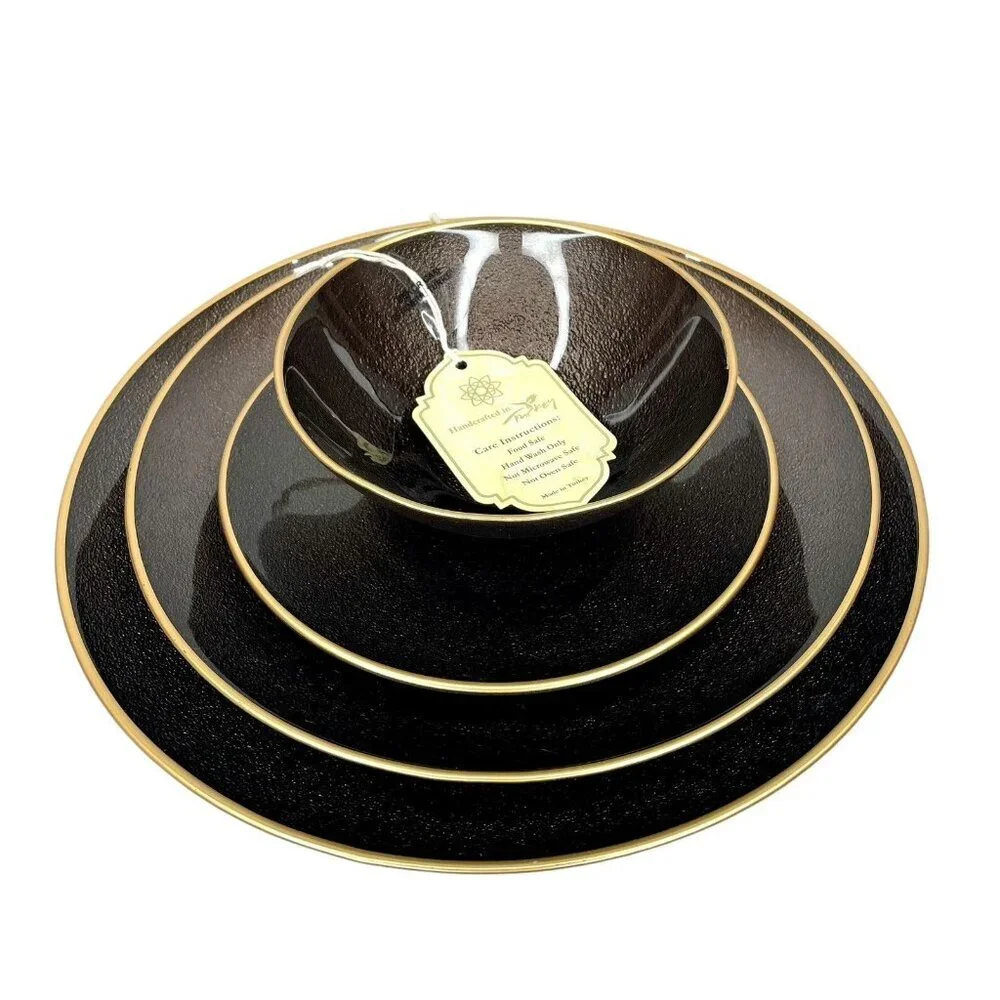 Turkish Glass 4 Entree Dinner Plates Set Brown Textured Gold Rim 11
